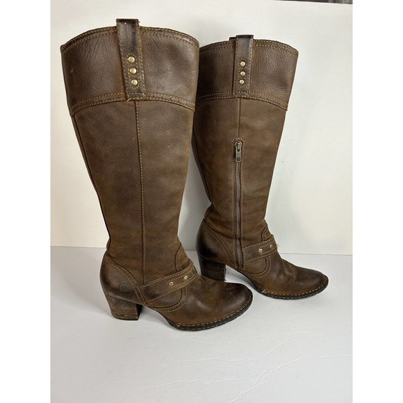 Born Shoes - Born Boots Tall Riding Heel Boots Brown Leather Zip Side Buckle